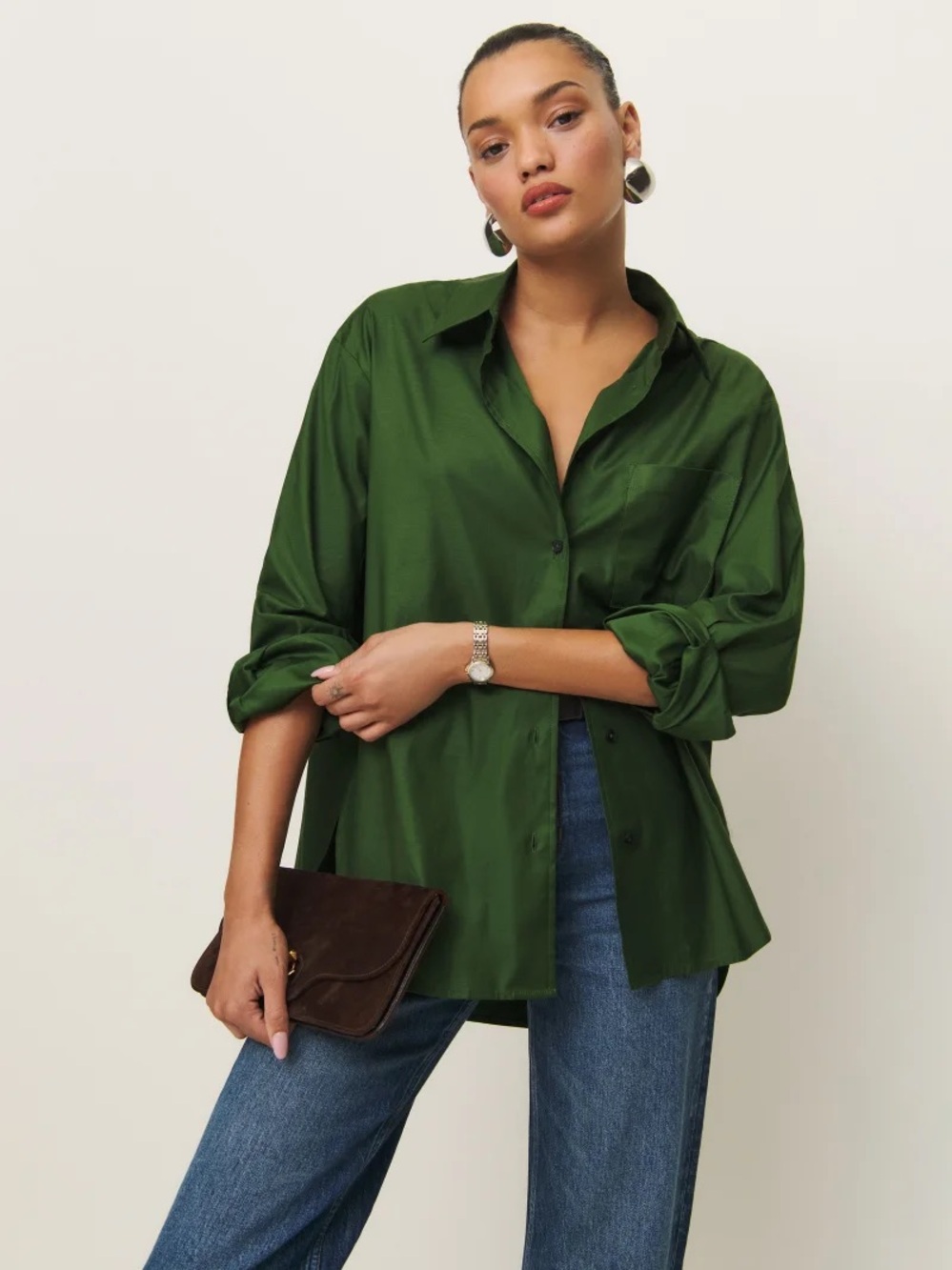 Reformation Deep Green Oversized Shirt Button-Down Shirt Medium